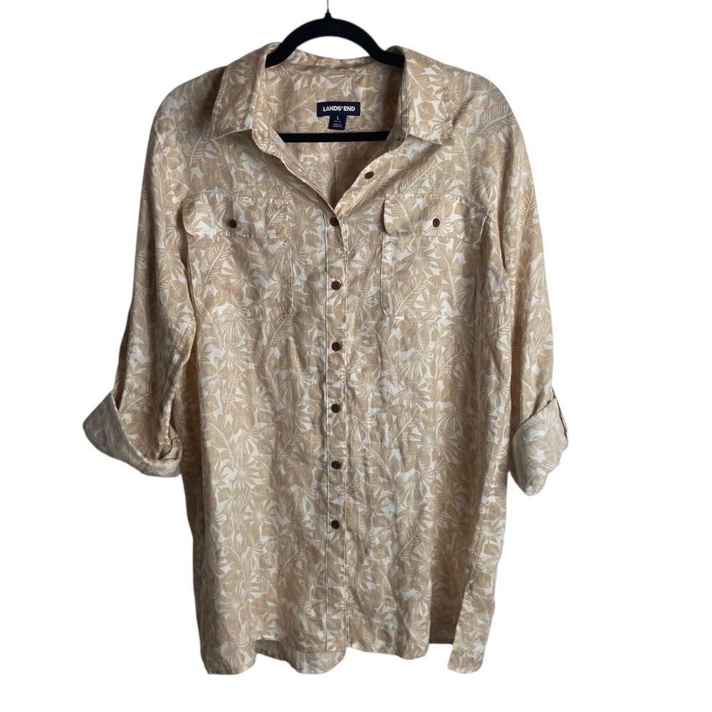 Lands End Size 14 Pure Linen Button Down Shirt Tropical Print Neutral Tan Beach